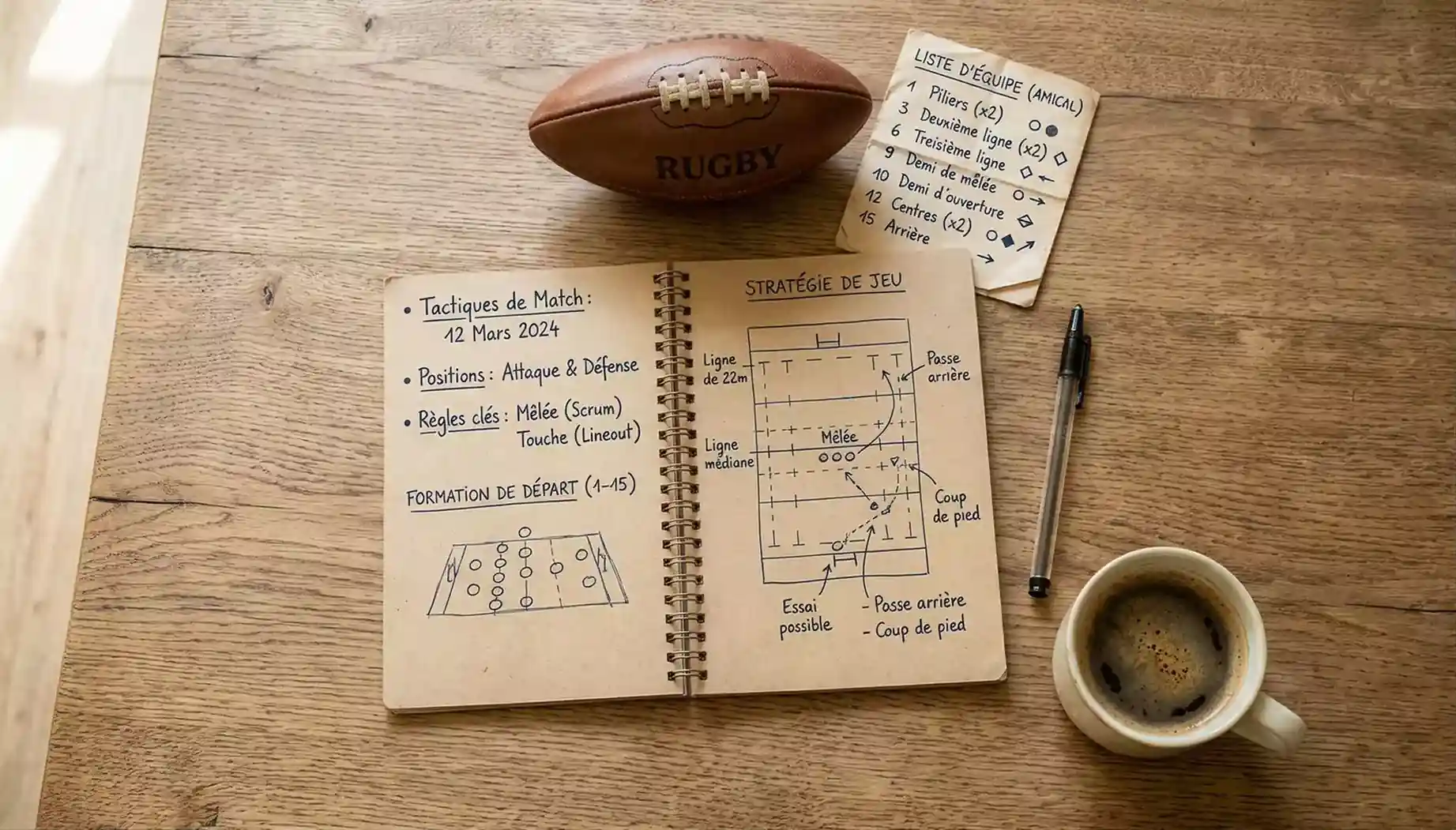Notes manuscrites et feuille de match Top 14 ouverte sur un bureau pour préparer un pari rugby