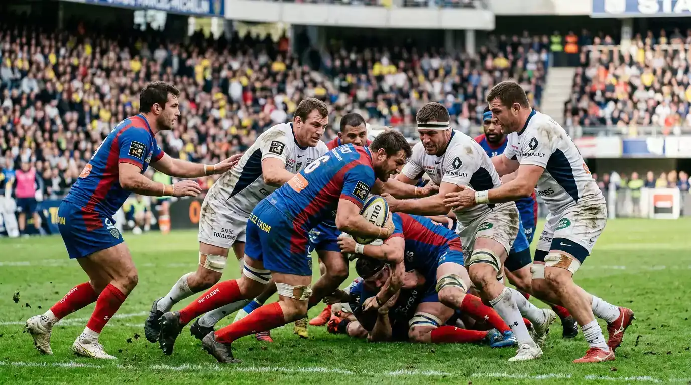 Joueurs de rugby Top 14 en pleine action dynamique sur le terrain