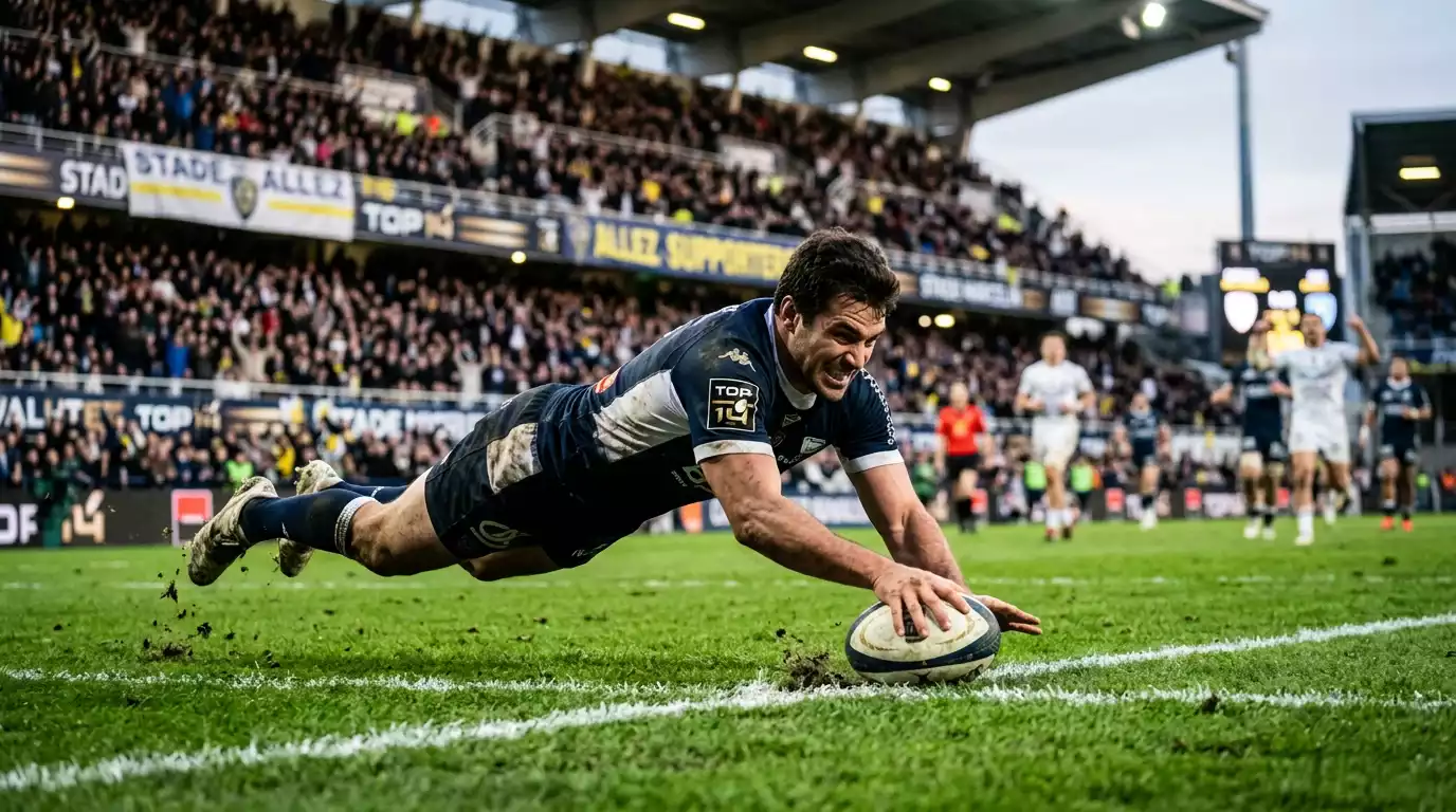 Joueur de rugby au moment de l'essai dans une zone d'en-but du Top 14