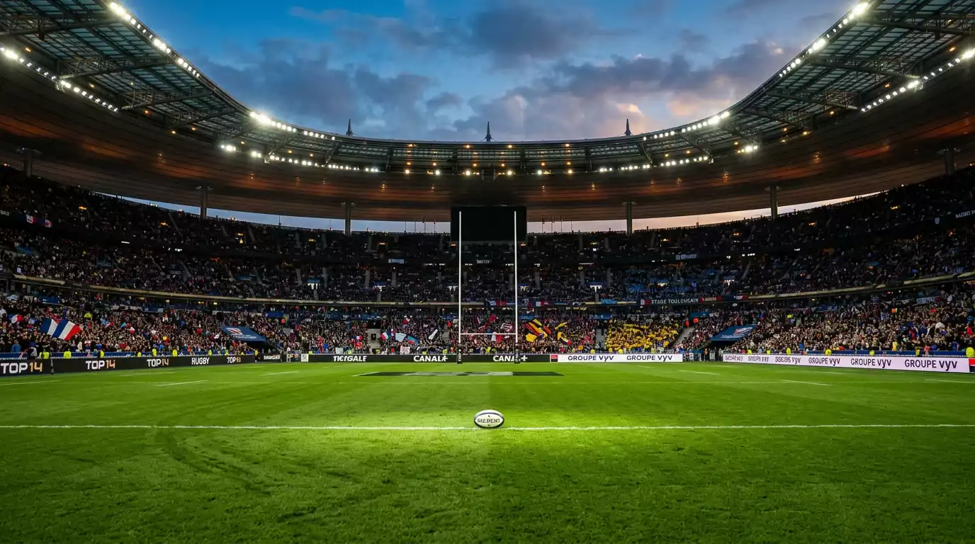 Stade Top 14 illuminé en soirée avant un match de rugby à XV au Stade de France